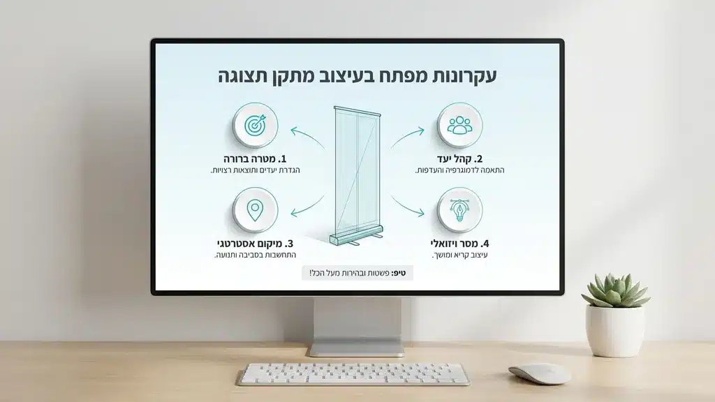 מסך מחשב המציג תוכנת עיצוב גרפי בעת עבודה על מתקן תצוגה עיצוב גרפי נקי וממוקד למתקן תצוגה שיווקי