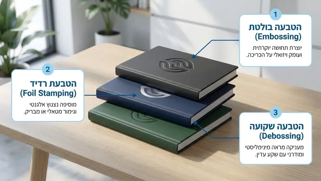 A stack of high-quality hardcover notebooks with a subtle embossed logo on a modern wooden office desk. מחברות ממותגות בכריכה קשה על שולחן משרדי