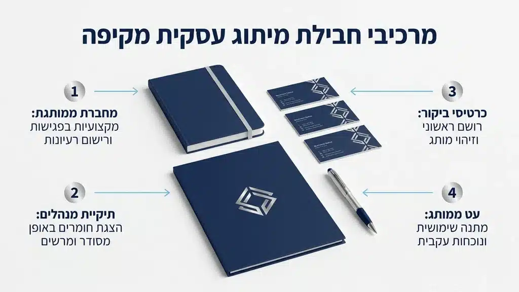 A complete corporate branding package including a notebook, folder, business cards, and a pen, laid out flat. מארז מיתוג עסקי הכולל מחברת ממותגת, פולדר וכרטיסי ביקור