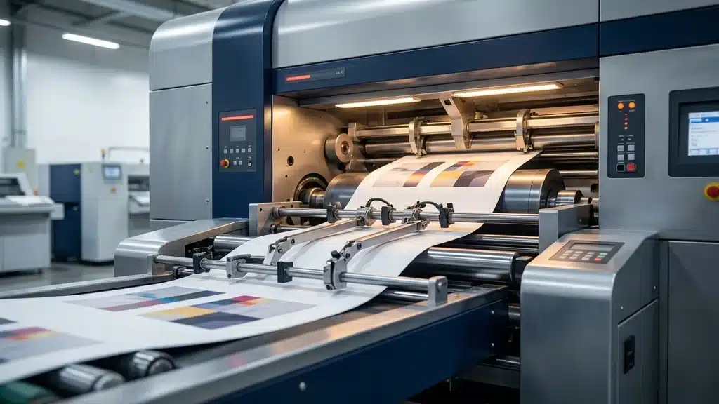 A fast-paced printing press environment showing large sheets of paper being processed. תהליך הדפסה מקצועי במכונות דפוס מתקדמות