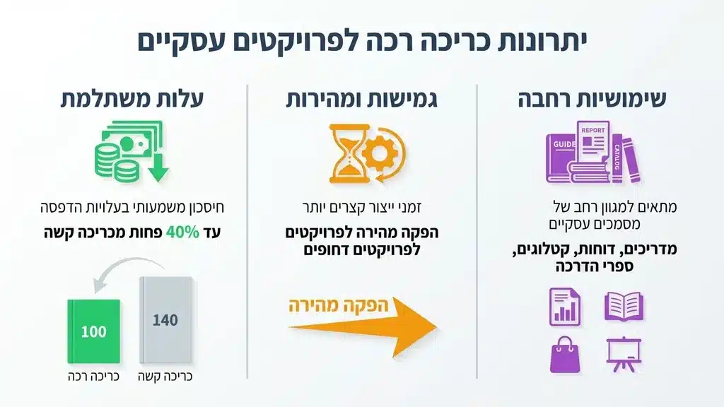 הדפסת ספרים כריכה רכה, גמישות, ועלות משתלמת לפרויקטים עסקיים. ערימת חוברות וספרים בגימור גמיש לעסקים