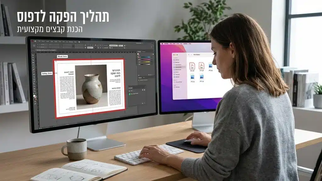 תהליך ההפקה, הכנת קבצים לדפוס ועיצוב גרפי בסביבת עבודה מקצועית. תכנון ועיצוב קבצים טרם שליחתם לייצור