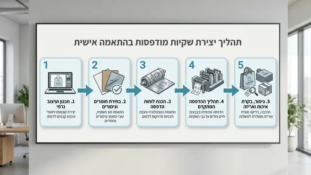 Showing the printing or design process of bags. תהליך עיצוב והדפסה של שקיות נייר לעסקים