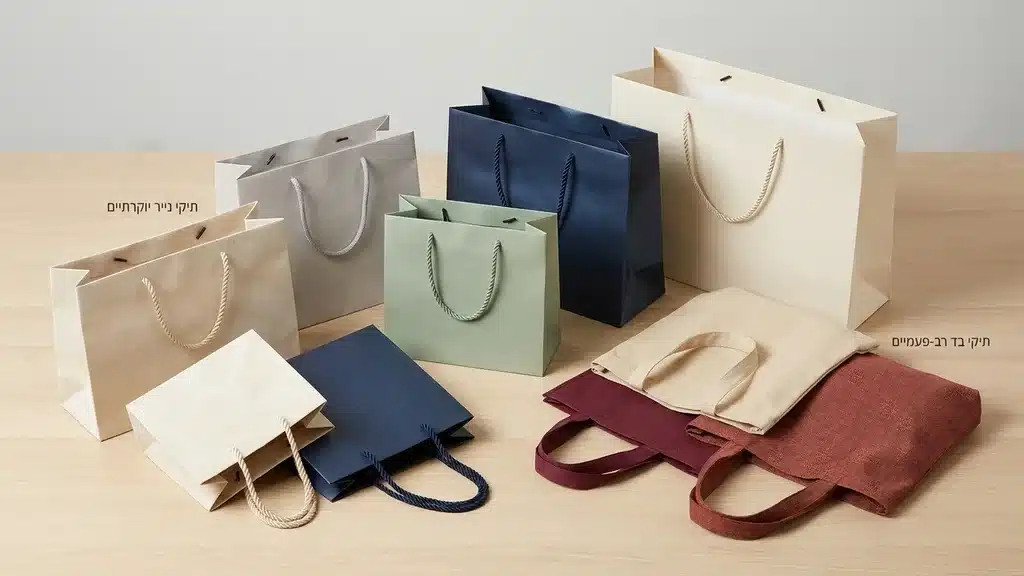 Showing different types of premium bags (paper, fabric) arranged neatly. מגוון שקיות ממותגות מחומרים שונים לעסקים