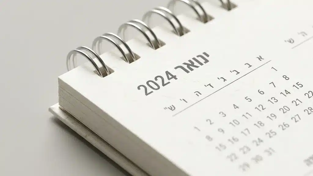 Close up of the spiral binding and high-quality paper texture of a printed calendar. תקריב של כריכת ספירלה ונייר איכותי בלוח שנה
