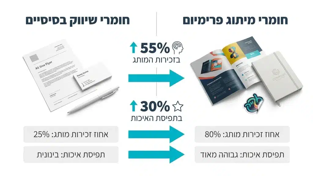 After detailing the catalog of marketing materials, print products, and stickers. מגוון חומרי שיווק מודפסים הכולל פליירים ומחברות ממותגות