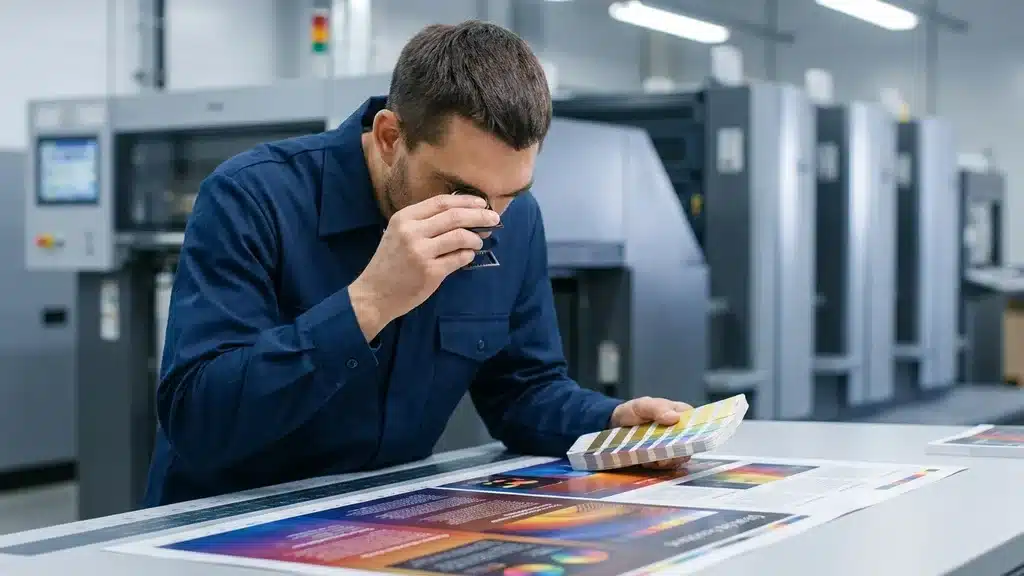 After listing the recommended steps for working with a printing press, including quality control. בדיקת איכות של גיליון מודפס בבית דפוס מקצועי